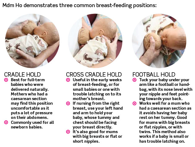 The three common breastfeeding positions are the cradle hold, cross cradle hold and football hold.