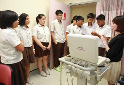 Poh Leng with students on a visit to Cardiac Lab.